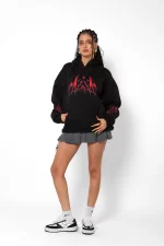 Holographic Red Baskılı Oversize Unisex Premium Siyah Hoodie