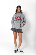 Holographic Red Baskılı Oversize Unisex Premium Yıkamalı Beyaz Hoodie