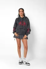 Holographic Red Baskılı Oversize Unisex Premium Yıkamalı Siyah Hoodie