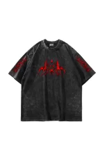 Holographic Red Baskılı Oversize Unisex Yıkamalı Siyah Tshirt