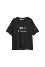 Je Taime Paris Baskılı Relaxed Fit Siyah Kadın Tshirt