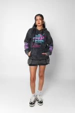 Jinx Arcane Baskılı Oversize Unisex Yıkamalı Siyah Hoodie