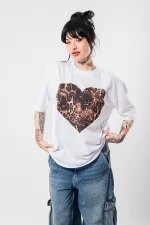 Kalp Leopar Baskılı 24/1 Oversize Unisex Beyaz Tshirt