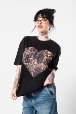 Kalp Leopar Baskılı 24/1 Oversize Unisex Siyah Tshirt