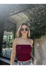 Katlamalı Straplez Bordo Bluz