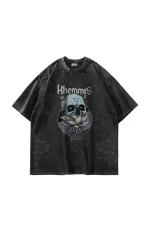 Khemmis Baskılı Oversize Unisex Yıkamalı Siyah Tshirt