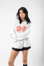 Kırmızı Dusk Baskılı Oversize Unisex Beyaz Hoodie