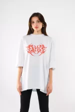 Kırmızı Dusk Baskılı Oversize Unisex Beyaz Tshirt