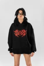 Kırmızı Dusk Baskılı Oversize Unisex Siyah Hoodie