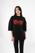 Kırmızı Dusk Baskılı Oversize Unisex Siyah Tshirt