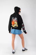 Korn Baskılı Oversize Unisex Siyah Hoodie