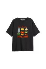 La Festa İtaliana Baskılı Relaxed Fit Siyah Kadın Tshirt