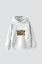 Leopar Eyes Baskılı Oversize Unisex Premium Beyaz Hoodie