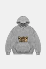 Leopar Eyes Baskılı Oversize Unisex Premium Yıkamalı Beyaz Hoodie