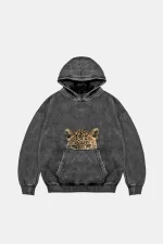 Leopar Eyes Baskılı Oversize Unisex Premium Yıkamalı Siyah Hoodie