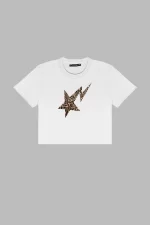 Leopar Falling Star Baskılı Beyaz Crop Top