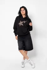 Leopar Falling Star Baskılı Oversize Unisex Premium Siyah Hoodie