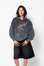 Leopar Falling Star Baskılı Oversize Unisex Premium Yıkamalı Siyah Hoodie