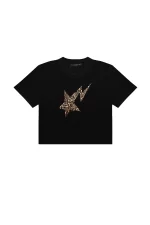 Leopar Falling Star Baskılı Siyah Crop Top