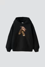 Leopar Hand Baskılı Oversize Unisex Premium Siyah Hoodie