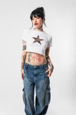 Leopar Star Baskılı Beyaz Crop Top