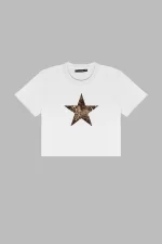 Leopar Starz Baskılı Beyaz Crop Top