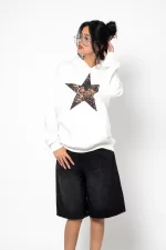 Leopar Starz Baskılı Oversize Unisex Premium Beyaz Hoodie