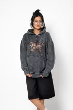 Leopar Starz Baskılı Oversize Unisex Premium Yıkamalı Siyah Hoodie