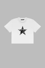 Leopar Starz V2 Baskılı Beyaz Crop Top