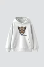 Leopar Stay Wild Baskılı Oversize Unisex Premium Beyaz Hoodie