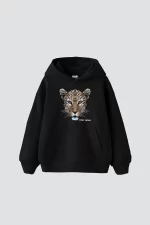 Leopar Stay Wild Baskılı Oversize Unisex Premium Siyah Hoodie