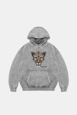 Leopar Stay Wild Baskılı Oversize Unisex Premium Yıkamalı Beyaz Hoodie