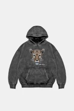 Leopar Stay Wild Baskılı Oversize Unisex Premium Yıkamalı Siyah Hoodie