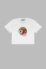 Leopard Billiard Ball Baskılı Beyaz Crop Top