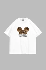 Leopard For Dream Baskılı Oversize Unisex Beyaz Tshirt