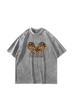 Leopard For Dream Baskılı Oversize Unisex Yıkamalı Beyaz Tshirt