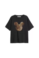 Leopard Mcky Baskılı Relaxed Fit Siyah Kadın Tshirt