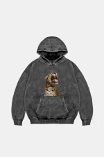 Leopard Siluet Baskılı Oversize Unisex Premium Yıkamalı Siyah Hoodie