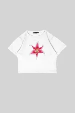 Lilium Baskılı Beyaz Crop Top