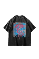 Liquid Rug Baskılı Oversize Unisex Yıkamalı Siyah Tshirt