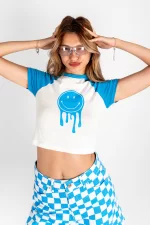 Liquid Smile Baskılı Kadın Mavi Crop Tshirt