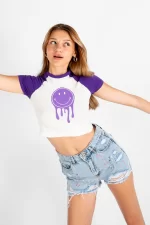 Liquid Smile Baskılı Kadın Mor Crop Tshirt