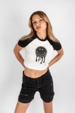 Liquid Smile Baskılı Kadın Siyah Crop Tshirt