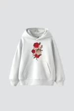 Love İs Real Baskılı Oversize Unisex Beyaz Hoodie