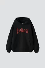 Lylies Kırmızı Taş Baskılı Oversize Unisex Siyah Hoodie