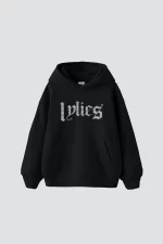 Lylies Taş Baskılı Oversize Unisex Siyah Hoodie