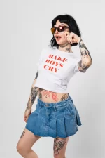 Make Boys Cry Baskılı Beyaz Crop Top