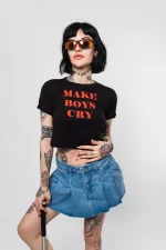 Make Boys Cry Baskılı Siyah Crop Top