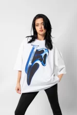 Mask Baskılı Beyaz Unisex Oversize Tshirt