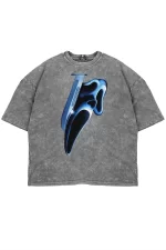 Mask Baskılı Beyaz Yıkamalı Unisex Oversize Tshirt